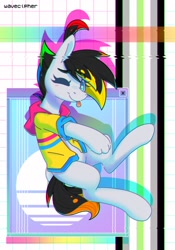 Size: 1238x1764 | Tagged: safe, artist:wavecipher, oc, oc only, oc:cipher wave, earth pony, hybrid, pony, ;p, abstract background, hand, one eye closed, pansexual pride flag, pride, pride flag, solo, tongue out