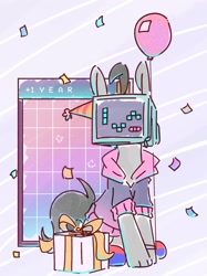 Size: 1592x2124 | Tagged: safe, artist:wavecipher, oc, oc only, oc:mono, earth pony, pony, aesthetics, balloon, birthday, clothes, crt, hat, object head, one eye closed, party hat, present, sitting, solo, television, webcore, wink