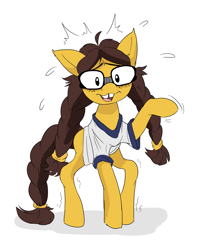 Size: 3501x4429 | Tagged: safe, artist:neoncel, oc, oc only, earth pony, pony, clothes, glasses, meme, nerd, nerd pony, nervous, nervous sweat, ponified, ponified meme, ponytails, shirt, simple background, solo, t-shirt, white background