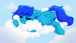 Size: 3840x2160 | Tagged: safe, artist:ev04ka, artist:ev04kaa, oc, oc only, oc:skyshade blue, pegasus, pony, rcf community, 4k, cloud, commission, eyebrows, eyebrows visible through hair, eyes closed, female, high res, lying down, lying on a cloud, mare, on a cloud, pegasus oc, signature, sky, sleeping, smiling, solo