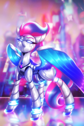 Size: 2000x3000 | Tagged: safe, artist:shad0w-galaxy, zipp storm, pegasus, pony, robot, robot pony, g5, colored wings, cyberpunk, eyebrows, female, frown, glowing, glowing eyes, high res, mare, roboticization, shiny, solo, spread wings, watermark, wings