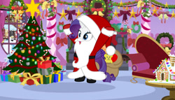 Size: 1024x585 | Tagged: artist needed, safe, rarity, pony, unicorn, g4, bag, beard, bell, belt, bipedal, boots, bow, candy, candy cane, carousel boutique, chimney, christmas, christmas decoration, christmas lights, christmas ornament, christmas star, christmas stocking, christmas tree, christmas wreath, clothes, coat, costume, couch, decoration, fainting couch, fake beard, female, fireplace, food, garland, gingerbread house, gloves, hat, holiday, holly, horn, indoors, lights, mare, open mouth, plushie, present, sack, santa beard, santa claus, santa costume, santa hat, santa sack, shoes, snow, snowfall, snowpony, solo, standing, table, teddy bear, tree, window, wreath