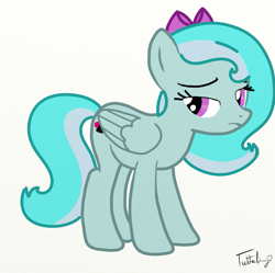 Size: 701x697 | Tagged: safe, artist:tuttaliny, oc, oc only, oc:tuttaliny, pegasus, pony, 2013, bow, female, folded wings, frown, full body, hair bow, hooves, lidded eyes, mare, pegasus oc, signature, simple background, solo, standing, tail, two toned mane, two toned tail, white background, wings
