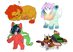 Size: 7016x4961 | Tagged: safe, artist:cutepencilcase, oc, oc only, oc:sweet release, big cat, earth pony, lion, pony, anthro, bipedal, braid, braided pigtails, braided tail, chibi, chubby, clothes, earth pony oc, gas mask, green mane, mask, multiple characters, potato pony, simple background, tail, white background