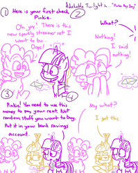 Size: 4779x6013 | Tagged: safe, artist:adorkabletwilightandfriends, moondancer, pinkie pie, twilight sparkle, alicorn, earth pony, pony, unicorn, comic:adorkable twilight and friends, g4, adorkable, adorkable twilight, clothes, comic, cute, dork, envelope, glasses, glowing, glowing horn, horn, humor, levitation, magic, magic aura, money, slice of life, slip of the tongue, sweater, telekinesis, twilight sparkle (alicorn)