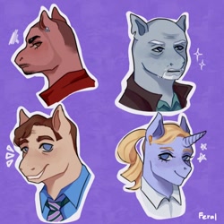 Size: 640x640 | Tagged: safe, artist:feralnstray, earth pony, pony, unicorn, beard, better call saul, crossover, ear piercing, emanata, facial hair, female, kim wexler, looking at you, male, mike ehrmantraut, nacho varga, necktie, piercing, ponified, profile, purple background, saul goodman, simple background, smiling