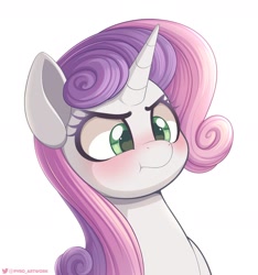 Size: 2250x2400 | Tagged: safe, artist:pyropk, sweetie belle, pony, unicorn, g4, :t, angry, blushing, bust, cute, diasweetes, eyebrows, female, frown, heart, heart eyes, high res, horn, madorable, mare, older, older sweetie belle, pathetic, scrunchy face, signature, simple background, solo, white background, wingding eyes