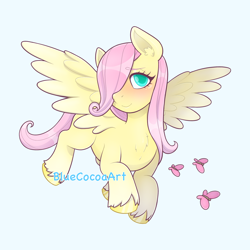 Size: 2048x2048 | Tagged: safe, artist:bluecocoaart, fluttershy, butterfly, pegasus, pony, g4, blank flank, blushing, chest fluff, colored pupils, cute, daaaaaaaaaaaw, ear fluff, flying, hair over one eye, high res, one eye covered, shyabetes, simple background, smiling, solo, unshorn fetlocks