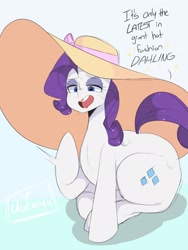 Size: 1536x2048 | Tagged: safe, artist:darkdoubloon, rarity, pony, unicorn, g4, butt, dialogue, giant hat, hat, large butt, looking at you, plot, rearity, red lipstick, sitting, solo, sweat, text