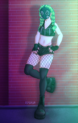 Size: 1280x1995 | Tagged: safe, artist:rosaliarayson, oc, oc only, oc:sweet release, human, black nail polish, braid, braided pigtails, brick wall, clothes, fingerless gloves, fishnet stockings, gas mask, gloves, green hair, humanized, humanized oc, mask, painted nails, platform shoes, punk, short shirt, shorts, solo