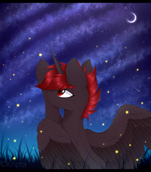 Size: 2625x3000 | Tagged: safe, artist:kripta, oc, oc:hardy, alicorn, firefly (insect), insect, pony, alicorn oc, high res, horn, male, moon, night, partially open wings, solo, spine, stallion, sternocleidomastoid, wings