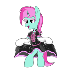 Size: 2000x1800 | Tagged: safe, alternate version, artist:amateur-draw, oc, oc:belle boue, pony, unicorn, bipedal, clothes, crossdressing, evening gloves, gloves, latex, long gloves, maid, makeup, male, simple background, sissy, skirt, skirt lift, solo, stallion, white background