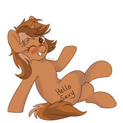 Size: 3000x3000 | Tagged: safe, artist:xwosya, oc, oc only, oc:sign, pony, unicorn, blushing, body writing, chest fluff, crossed legs, eyebrows, eyebrows visible through hair, female, high res, horn, looking at you, one eye closed, raised hoof, signature, simple background, sitting, smiling, smiling at you, solo, unicorn oc, white background, wink, winking at you