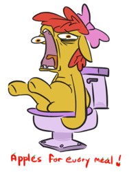 Size: 270x360 | Tagged: safe, artist:jargon scott, apple bloom, earth pony, pony, g4, but why, faic, female, filly, foal, implied pooping, simple background, sitting, sitting on toilet, text, toilet, tongue out, white background