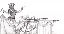 Size: 2000x1058 | Tagged: safe, artist:baron engel, oc, oc only, bat pony, anthro, bat pony oc, cigar, furry, grayscale, gun, monochrome, pencil drawing, rifle, scope, story in the source, story included, traditional art, vixen, weapon