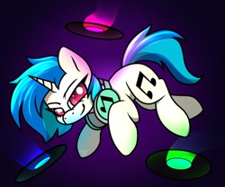 Size: 2048x1707 | Tagged: safe, artist:anxioussartist, dj pon-3, vinyl scratch, pony, unicorn, g4, glowing, headphones, looking at you, purple background, record, simple background, solo