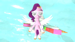 Size: 1024x577 | Tagged: safe, artist:westrail642fan, pipp petals, pegasus, pony, g5, 3d, headband, pool toy, shutter shades, source filmmaker, spread wings, sunglasses, swimming pool, water, wings