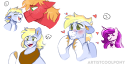 Size: 2328x1200 | Tagged: safe, artist:artistcoolpony, big macintosh, oc, oc:thunder clap, unnamed oc, earth pony, pegasus, pony, unicorn, g4, blushing, bust, father and child, father and son, floating heart, floppy ears, freckles, heart, horse collar, magical lesbian spawn, male, offspring, parent:big macintosh, parent:fleur-de-lis, parent:princess cadance, parent:rainbow dash, parents:fleurdance, parents:rainbowmac, simple background, teary eyes, trans male, transgender, white background