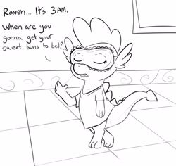 Size: 4096x3861 | Tagged: safe, artist:tjpones, spike, dragon, g4, black and white, commission, dialogue, grayscale, implied raven, implied ravenspike, implied shipping, implied straight, male, monochrome, nightshirt, sleep mask, solo