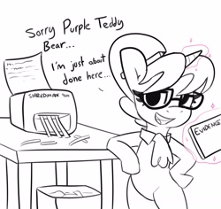 Size: 4096x3861 | Tagged: safe, artist:tjpones, raven, pony, unicorn, g4, bipedal, black and white, commission, dialogue, female, grayscale, implied ravenspike, implied shipping, implied spike, implied straight, levitation, magic, mare, monochrome, office lady, paper shredder, partial color, pencil behind ear, simple background, solo, suspicious, telekinesis, white background