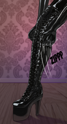 Size: 1256x2305 | Tagged: safe, artist:transfaled, octavia melody, anthro, plantigrade anthro, bodysuit, boots, catsuit, clothes, dominatrix, dressing, female, high heel boots, high heels, latex, latex suit, platform heels, shoes, solo, solo female, zipper