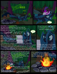 Size: 1042x1358 | Tagged: safe, artist:dendoctor, queen chrysalis, changeling, changeling queen, comic:clone.., g4, alternate universe, campfire, comic, female, fire, glowing, glowing horn, horn, letter, log, magic, sleeping, telekinesis, tree, winter is coming