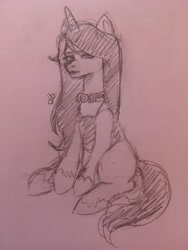 Size: 1536x2048 | Tagged: safe, artist:dubudrops, izzy moonbow, pony, unicorn, g5, my little pony: a new generation, spoiler:g5, alternate hairstyle, black mane, choker, eyeliner, female, goth, goth izzy, gothic, lipstick, makeup, mare, sketch, solo, traditional art