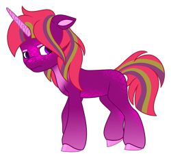 Size: 3335x3046 | Tagged: safe, artist:dancingkinfiend, derpibooru exclusive, oc, oc only, unnamed oc, pony, unicorn, g5, angry, coat markings, colored ears, colored hooves, colored horn, ears back, eyebrows down, female, freckles, frown, high res, hooves, horn, male to female, mare, multicolored hair, multicolored mane, purple eyes, purple fur, raised hoof, raised leg, serious, serious face, simple background, socks (coat markings), solo, sparkles, stripes, trans female, transgender, transgender oc, transparent background, walking