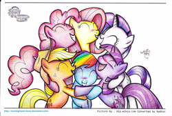 Size: 2550x1716 | Tagged: safe, artist:burning-heart-brony, applejack, fluttershy, pinkie pie, rainbow dash, rarity, twilight sparkle, earth pony, pegasus, pony, unicorn, g4, 2014, applejack's hat, cowboy hat, crayon drawing, eyes closed, female, group hug, hat, hug, mane six, mare, simple background, traditional art, unicorn twilight, white background