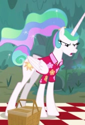 Size: 375x553 | Tagged: safe, screencap, princess celestia, alicorn, pony, between dark and dawn, g4, alternate hairstyle, angry, celestia is not amused, clothes, folded wings, hawaiian shirt, picnic, picnic blanket, ponytail, shirt, tail, tail bun, unamused, wings