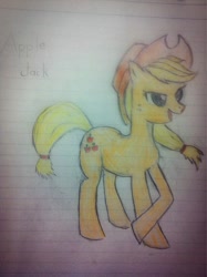 Size: 600x803 | Tagged: safe, artist:あすぐり, applejack, earth pony, pony, g4, applejack's hat, cowboy hat, female, freckles, hat, lidded eyes, mare, open mouth, open smile, smiling, solo, traditional art