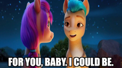 Size: 800x450 | Tagged: safe, edit, edited screencap, editor:mlplover94, screencap, hitch trailblazer, sunny starscout, earth pony, pony, g5, my little pony: a new generation, spoiler:my little pony: a new generation, caption, female, image macro, looking at each other, looking at someone, male, mare, meme, open mouth, out of context, smiling, stallion, text, wrong aspect ratio