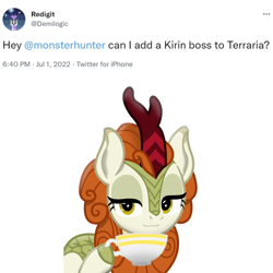 Size: 1280x1280 | Tagged: safe, autumn blaze, kirin, pony, g4, :3, bedroom eyes, food, funny, meme, meta, smug, tea, terraria, twitter