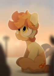 Size: 1810x2555 | Tagged: safe, artist:mochi_nation, oc, oc only, oc:flame egg, earth pony, pony, :o, coat markings, eye clipping through hair, female, looking up, mare, offscreen character, open mouth, silhouette, sitting, solo focus