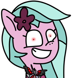 Size: 930x1000 | Tagged: safe, artist:jadeharmony, dahlia, earth pony, pony, g5, alicorn amulet, female, gift art, glowing, glowing eyes, grin, mare, red eyes, simple background, smiling, solo, transparent background