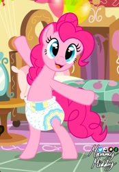 Size: 834x1200 | Tagged: safe, artist:mommymidday, pinkie pie, earth pony, pony, g4, :3, :d, adult diaper, adult foal, balloon, bedroom, bipedal, clothes, cute, dancing, diaper, diaper fetish, fetish, open mouth, open smile, poofy diaper, show accurate, smiling, solo, underwear, white diaper
