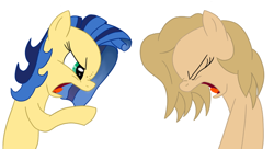Size: 854x463 | Tagged: safe, artist:99, artist:slavedemorto, edit, oc, oc only, oc:backy, oc:milky way, earth pony, pony, angry, argument, cropped, earth pony oc, eyes closed, female, mare, simple background, white background, yelling