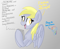 Size: 1809x1470 | Tagged: safe, artist:notadeliciouspotato, derpy hooves, rainbow dash, pegasus, pony, g4, atg 2022, bust, dialogue, female, game boy, gradient background, mare, newbie artist training grounds