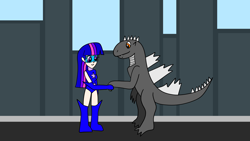 Size: 1920x1080 | Tagged: safe, artist:platinumdrop, twilight sparkle, human, kaiju, equestria girls, g4, female, godzilla, godzilla (series), magic gaia, request