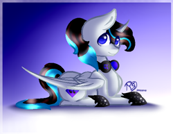 Size: 554x428 | Tagged: safe, artist:prettyshinegp, oc, oc only, alicorn, pony, abstract background, alicorn oc, eye clipping through hair, headphones, hoof shoes, horn, lying down, prone, signature, solo, wings