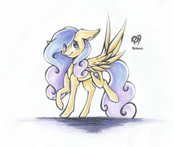 Size: 986x833 | Tagged: safe, artist:prettyshinegp, oc, oc only, pony, ear fluff, female, mare, signature, solo, traditional art, wings