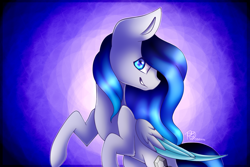 Size: 1500x1000 | Tagged: safe, artist:prettyshinegp, oc, oc only, pegasus, pony, abstract background, eye clipping through hair, female, grin, looking at you, mare, pegasus oc, smiling, solo, wings