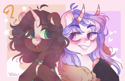 Size: 3033x1978 | Tagged: safe, artist:tohanah, oc, oc only, pony, unicorn, bust, chest fluff, duo, female, grin, horn, horns, mare, smiling, unicorn oc