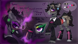 Size: 1920x1092 | Tagged: safe, artist:tohanah, oc, oc only, pony, bust, choker, clothes, ear fluff, ear piercing, face mask, glowing, glowing horn, horn, magic, male, mask, piercing, raised hoof, reference sheet, smiling, spiked choker, stallion, telekinesis