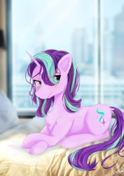 Size: 2480x3508 | Tagged: safe, artist:dashy21, starlight glimmer, pony, g4, bed, blushing, chest fluff, ear fluff, high res, solo, window