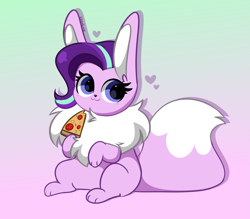 Size: 3175x2782 | Tagged: safe, artist:kittyrosie, part of a set, starlight glimmer, eevee, g4, cute, floating heart, fluffy, food, glimmerbetes, gradient background, heart, high res, pineapple pizza, pizza, pokefied, pokémon, solo, species swap, sweet dreams fuel