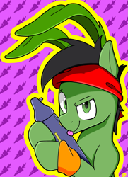 Size: 1359x1880 | Tagged: safe, artist:sefastpone, oc, oc:anon stallion, earth pony, pony, bandana, bunny ears, clothes, cosplay, costume, crossover, digital art, gun, jazz jackrabbit, male, simple background, stallion, tongue out, video game, weapon, wristband