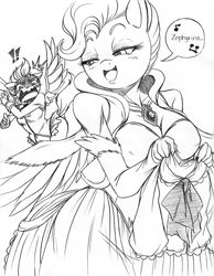 Size: 1500x1930 | Tagged: safe, artist:boastudio, queen haven, zipp storm, pegasus, anthro, g5, !!!, black and white, blushing, breasts, busty queen haven, busty zipp storm, cleavage, exclamation point, female, grayscale, looking back, milf, monochrome, mother and child, mother and daughter, mothers gonna mother, open mouth, simple background, speech bubble, volumetric mouth, white background