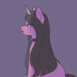 Size: 2048x2048 | Tagged: safe, artist:cloudydr0p, artist:latiatonta, izzy moonbow, pony, unicorn, g5, choker, eyeshadow, female, goth, goth izzy, high res, horn, lidded eyes, lipstick, makeup, mare, simple background, sitting, solo