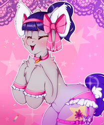 Size: 1500x1800 | Tagged: safe, artist:chura chu, oc, oc only, oc:fruity blossom, pony, blushing, bow, bunny ears, carrot, closed eye, clothes, commission, coral, female, food, full body, garter, mare, outfit, panties, ponytail, sexy outfit, shading, smiling, solo, underwear, ych result